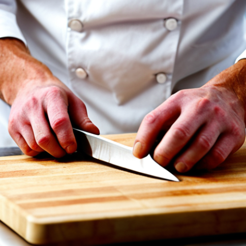 **

A close-up shot of a chef's hands expertly julienning ginger with a sharp knife. Focus on the precision of the cuts and the fine texture of the ginger. Background subtly blurred, hinting at a professional kitchen environment with stainless steel surfaces and organized ingredient containers. Emphasis on the sharpness of the knife and the overall cleanliness and organization. Consider a shallow depth of field to further highlight the knife skills.

**