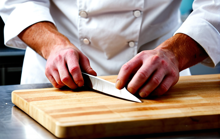 **

A close-up shot of a chef's hands expertly julienning ginger with a sharp knife. Focus on the precision of the cuts and the fine texture of the ginger. Background subtly blurred, hinting at a professional kitchen environment with stainless steel surfaces and organized ingredient containers. Emphasis on the sharpness of the knife and the overall cleanliness and organization. Consider a shallow depth of field to further highlight the knife skills.

**