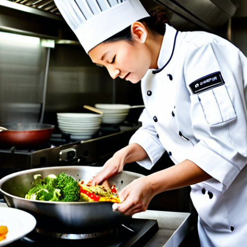 Home 6 **
"A professional female chef in a clean, modern restaurant kitchen, fully clothed in a pristine white chef's coat and pants, appropriate attire, stirring a large wok with vegetables. Stainless steel appliances gleam in the background. Natural lighting. Safe for work, perfect anatomy, correct proportions, professional photography, family-friendly, high quality."
**