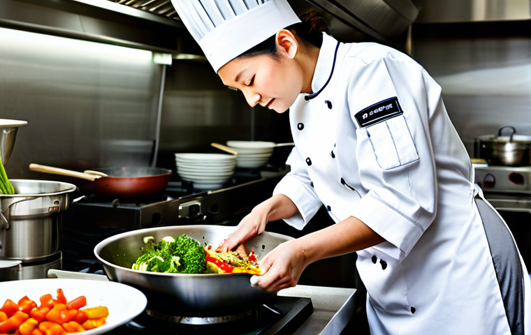**
"A professional female chef in a clean, modern restaurant kitchen, fully clothed in a pristine white chef's coat and pants, appropriate attire, stirring a large wok with vegetables. Stainless steel appliances gleam in the background. Natural lighting. Safe for work, perfect anatomy, correct proportions, professional photography, family-friendly, high quality."
**