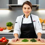 Home 10 중식조리 자격증 실기 유의점 - A focused female chef in a pristine, well-lit professional kitchen, impeccably organized with all in...