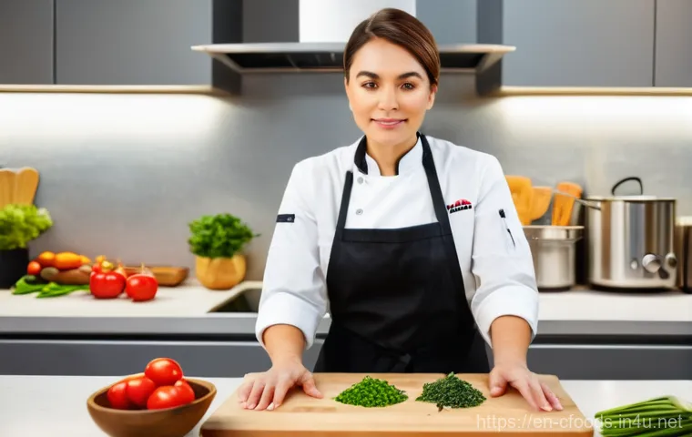 중식조리 자격증 실기 유의점 - A focused female chef in a pristine, well-lit professional kitchen, impeccably organized with all in...