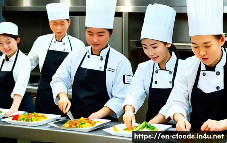 중식조리 자격증 취득 팁 공유 - A professional Chinese culinary workshop scene featuring a diverse group of adult students attentive...