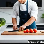 Home 20 중식조리 자격증 실기 연습 시간 확보 - A bright, modern kitchen scene with a young adult chef practicing knife skills during late morning h...