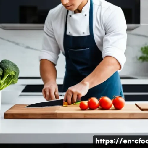 Home 32 중식조리 자격증 실기 연습 시간 확보 - A bright, modern kitchen scene with a young adult chef practicing knife skills during late morning h...