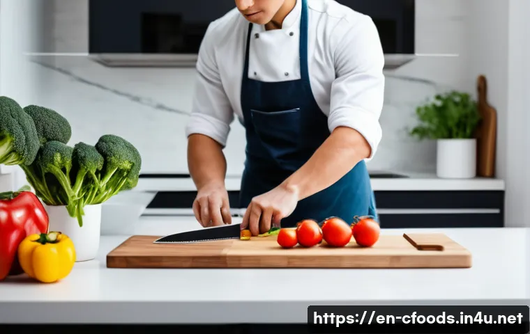 중식조리 자격증 실기 연습 시간 확보 - A bright, modern kitchen scene with a young adult chef practicing knife skills during late morning h...