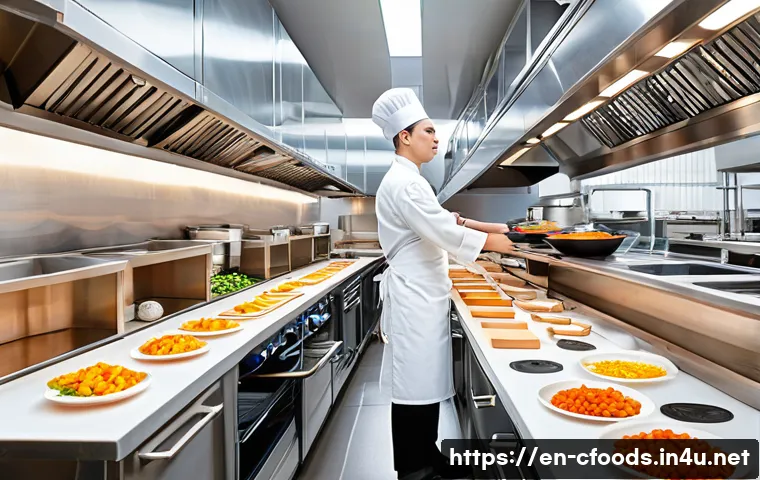 중식조리 자격증 실기 시험장 환경 - A bright, modern culinary exam kitchen featuring multiple compact individual workstations arranged n...