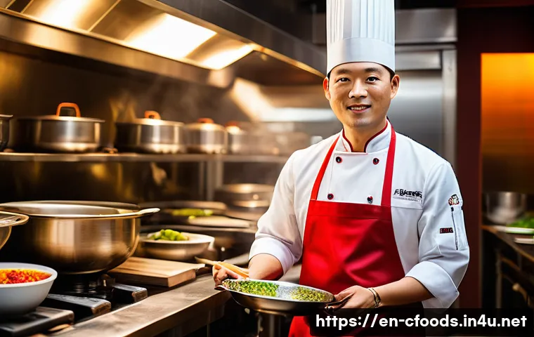 중식조리 자격증 취업 활용 사례 - A professional Chinese chef in a high-end restaurant kitchen, wearing a clean, traditional chef’s un...