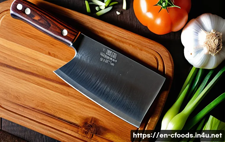 중식조리 자격증을 위한 조리 도구 - A close-up, high-resolution image of a traditional Chinese cleaver with a broad, rectangular carbon ...