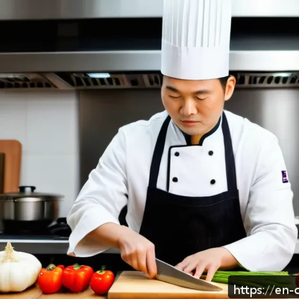 중식조리 자격증에 유리한 요리 경험 - A professional Chinese chef in a modern kitchen skillfully demonstrating precise knife cuts on fresh...