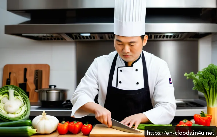 중식조리 자격증에 유리한 요리 경험 - A professional Chinese chef in a modern kitchen skillfully demonstrating precise knife cuts on fresh...