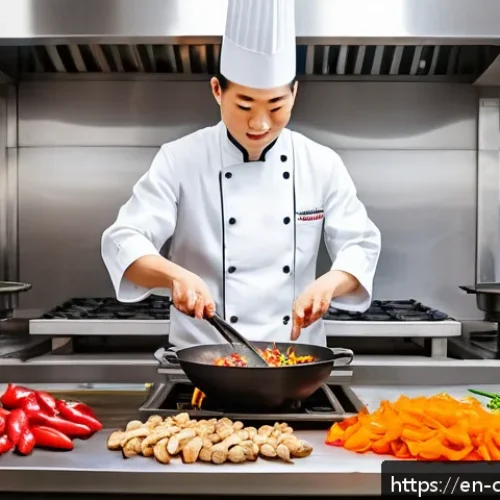 중식조리 자격증 취득 후 창업 - A professional Chinese chef in a modern commercial kitchen skillfully tossing vegetables in a large,...