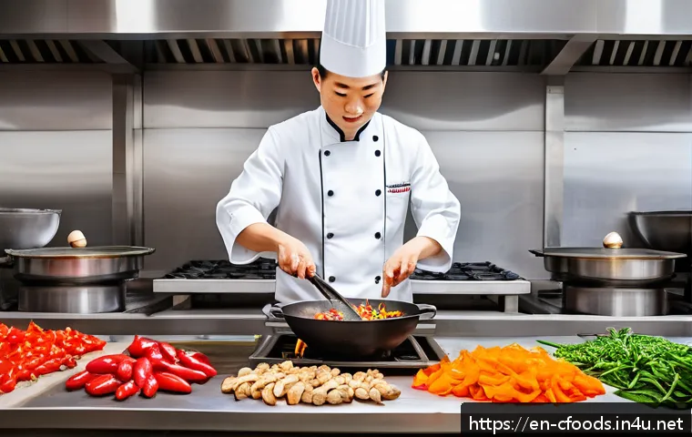중식조리 자격증 취득 후 창업 - A professional Chinese chef in a modern commercial kitchen skillfully tossing vegetables in a large,...
