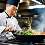 중식조리 자격증 소지자의 취업 경쟁력 - A professional Chinese chef in a modern upscale kitchen, skillfully tossing vegetables in a traditio...