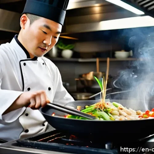 중식조리 자격증 소지자의 취업 경쟁력 - A professional Chinese chef in a modern upscale kitchen, skillfully tossing vegetables in a traditio...