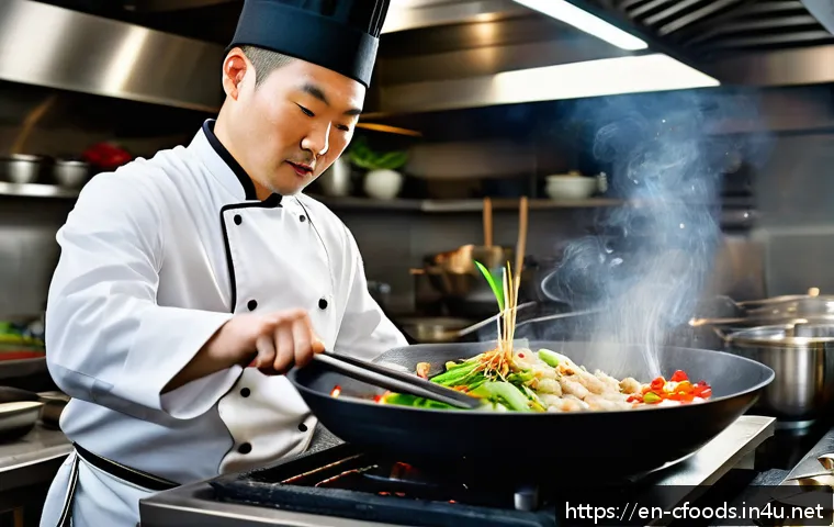 중식조리 자격증 소지자의 취업 경쟁력 - A professional Chinese chef in a modern upscale kitchen, skillfully tossing vegetables in a traditio...