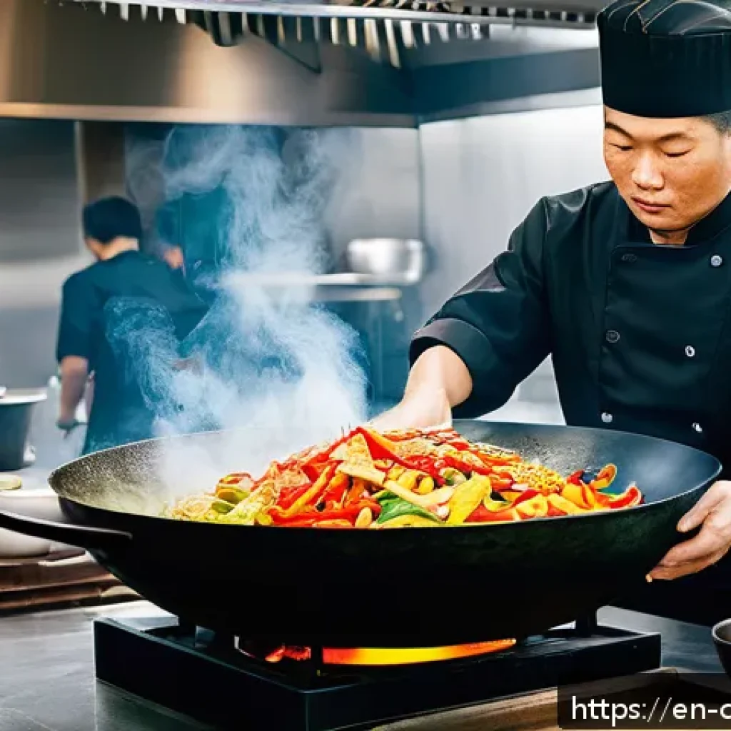 중식조리 자격증과 요리 대회 출전 - A dynamic kitchen scene focused on a professional chef expertly tossing vegetables in a large, well-...