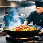 중식조리 자격증과 요리 대회 출전 - A dynamic kitchen scene focused on a professional chef expertly tossing vegetables in a large, well-...