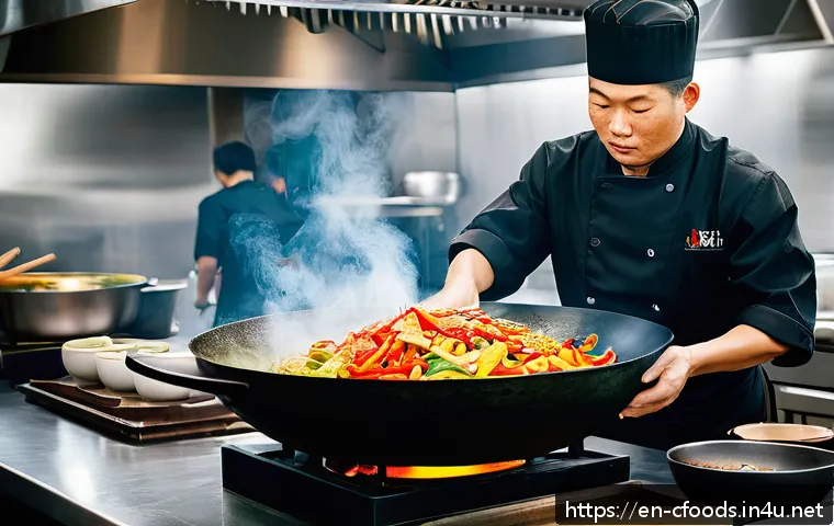 중식조리 자격증과 요리 대회 출전 - A dynamic kitchen scene focused on a professional chef expertly tossing vegetables in a large, well-...