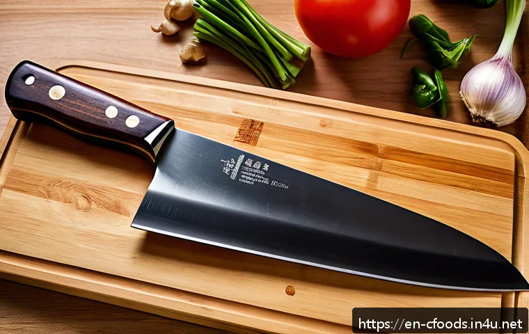 중식조리 자격증에 적합한 조리 도구 구매 - A high-resolution close-up of a traditional Chinese cleaver with a broad, rectangular high-carbon st...