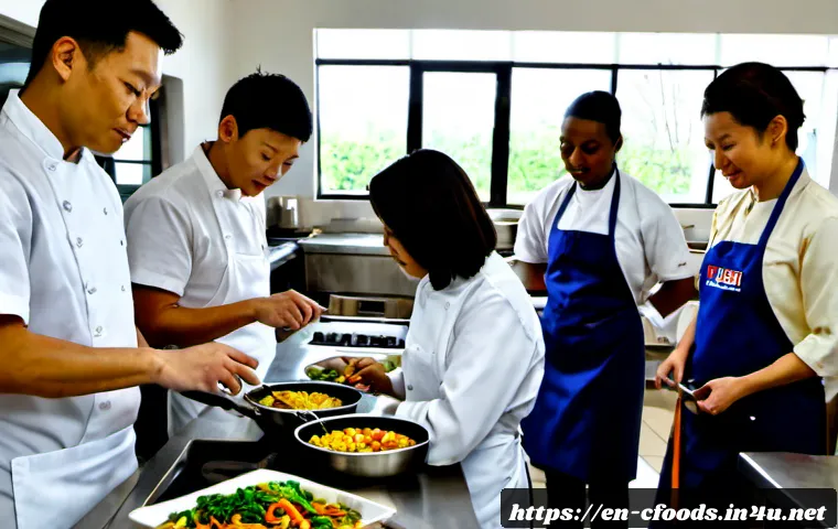 중식조리 자격증 공부 커뮤니티 - Photorealistic culinary study group in a bright American community college teaching kitchen, diverse...