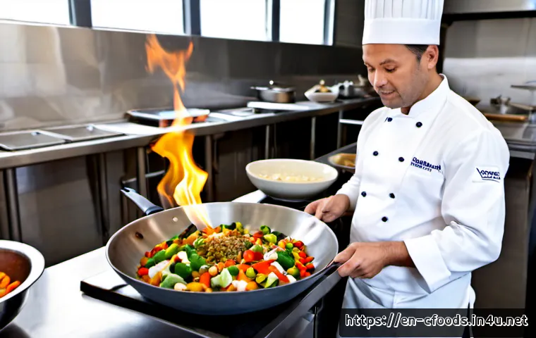 중식조리 자격증으로 진로 변경하기 - Photorealistic career-change scene in a bright professional culinary training kitchen, a confident m...