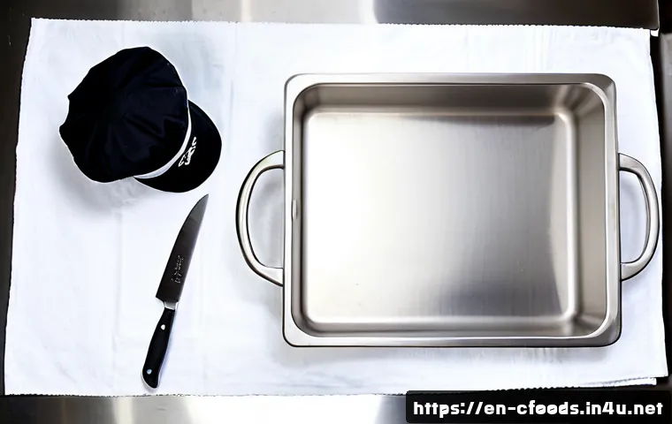 중식조리 자격증 시험 준비물 - Photorealistic overhead view of a clean stainless-steel kitchen workstation prepared for a professio...