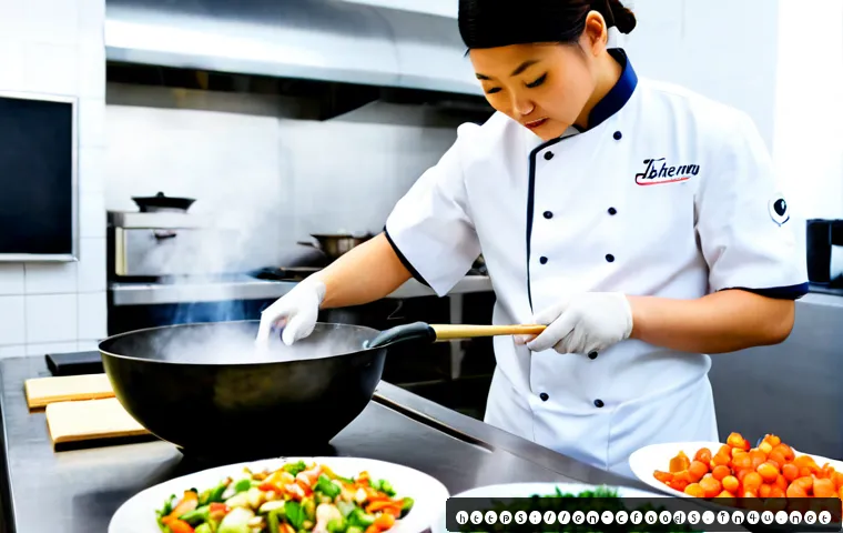 중식조리 자격증 취득 과정 다이어리 - Photorealistic adult culinary student practicing wok techniques in a bright professional Chinese coo...