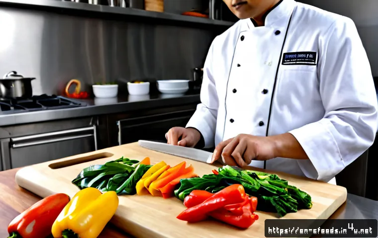 중식조리 자격증에 필요한 기술 - Photorealistic professional culinary training kitchen, focused adult chef in clean white jacket and ...