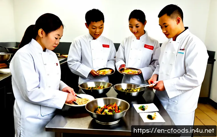 Home 17 중식조리 자격증 공부 스터디 그룹 - Photorealistic evening study group in a bright community college culinary classroom, four diverse ad...